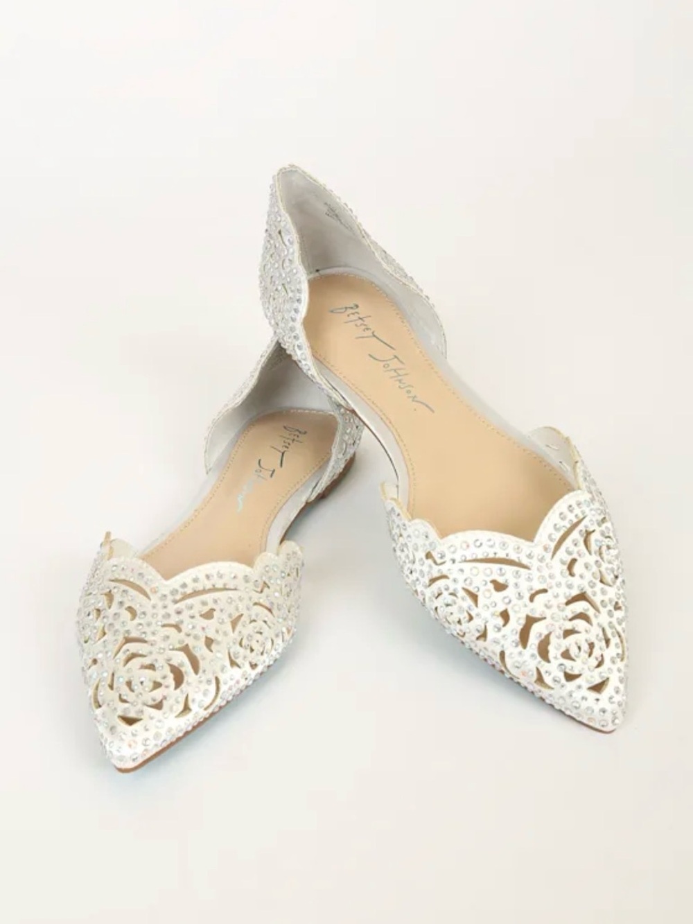 Betsey Johnson “Lucy” Laser-Cut Pointed Toe Flats with Rhinestone Detail - 8.5